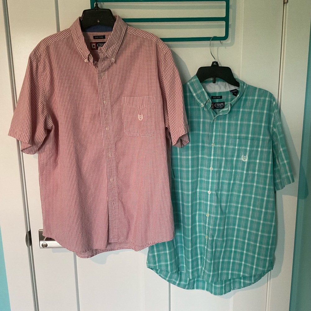 2-CHAPS Short Sleeve Shirts Plaid & Check Plaid Good Condition Cotton/Polyester